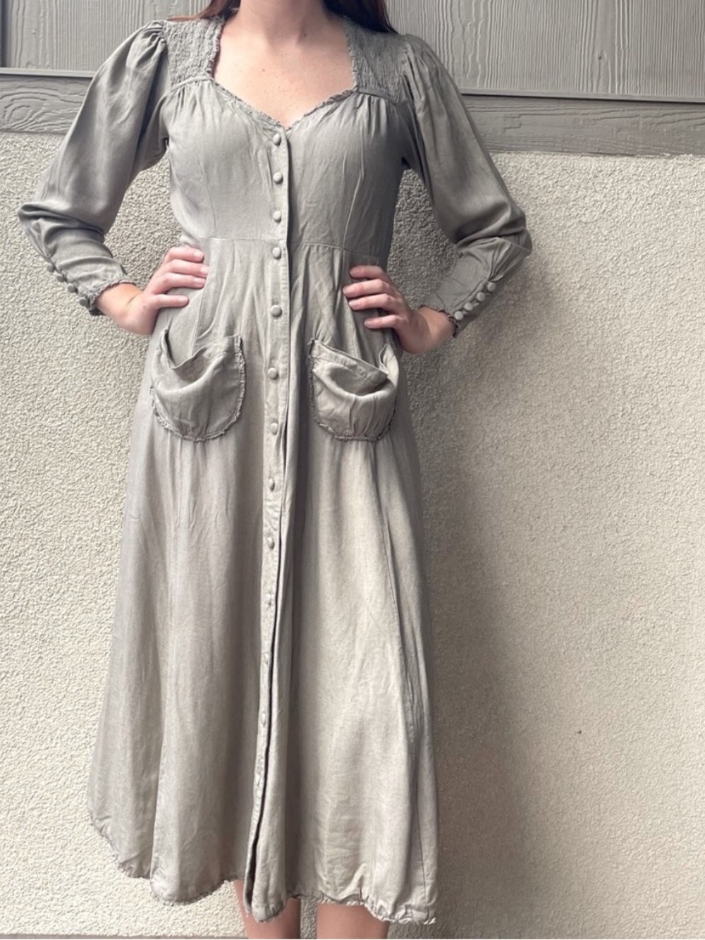 Kara Thoms Edith Dress in Desert Sage  Long-Sleeve Button-Front Midi Dress
